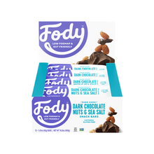Load image into Gallery viewer, Low FODMAP &lt;br&gt; &lt;b&gt;&lt;big&gt;Dark Chocolate, Nuts &amp; Sea Salt Bars &lt;br&gt;(Box of 12 Bars)&lt;/big&gt;&lt;/b&gt;&lt;br&gt;&lt;small&gt;Gluten &amp; Lactose Free&lt;/small&gt;

