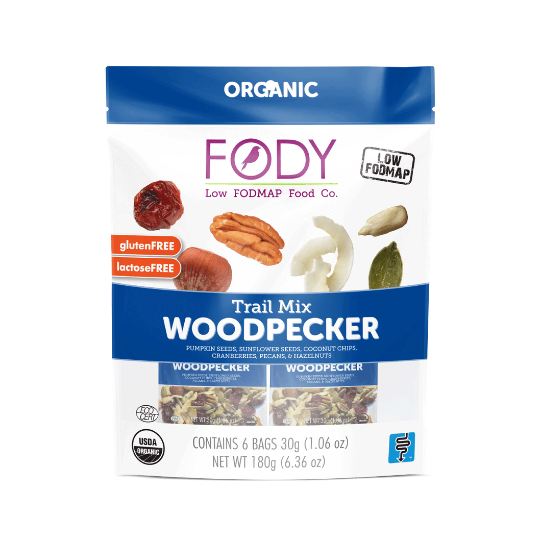 <b><big> Low FODMAP Trail Mix </big><br> Woodpecker Multipack Bag <br> (6x Mini Packs) </b> <br> <small> Gluten-Free, Lactose-Free </small>