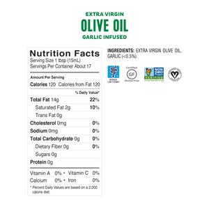 <b><big> Low FODMAP <br> Garlic Infused Olive Oil</big></b><br><small> Extra-Virgin, Non-GMO, Made in Italy</small>