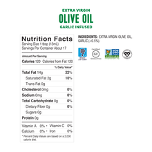 Load image into Gallery viewer, &lt;b&gt;&lt;big&gt; Low FODMAP &lt;br&gt; Garlic Infused Olive Oil&lt;/big&gt;&lt;/b&gt;&lt;br&gt;&lt;small&gt; Extra-Virgin, Non-GMO, Made in Italy&lt;/small&gt;

