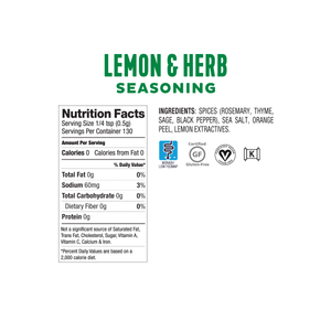 <b><big> Low FODMAP <br> Lemon & Herb Seasoning</b></big> <br> <small> Gluten, Onion, and Garlic Free</small>