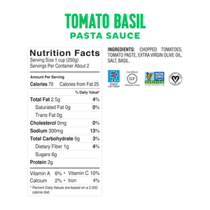 <b><big> Low FODMAP <br> Tomato & Basil Sauce </big></b><br><small> Onion & Garlic Free</small>
