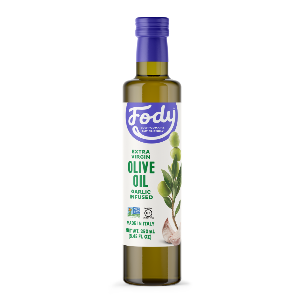 <b><big> Low FODMAP <br> Garlic Infused Olive Oil</big></b><br><small> Extra-Virgin, Non-GMO, Made in Italy</small>