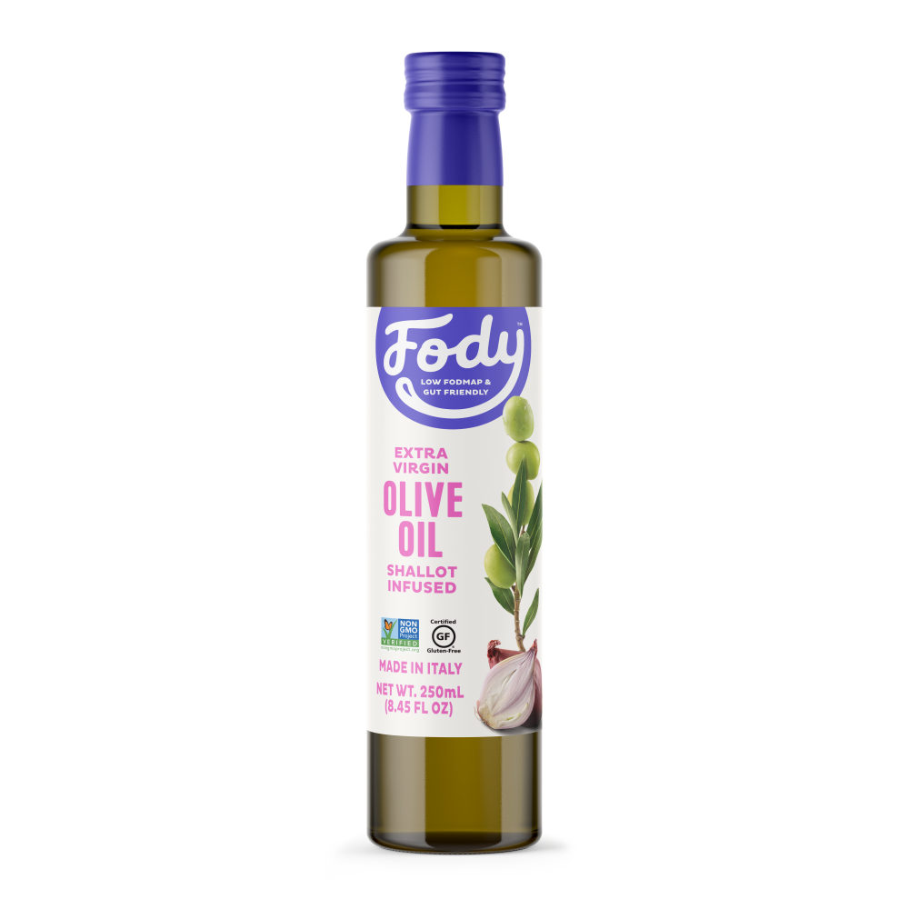 <b><big> Low FODMAP <br> Shallot Infused Olive Oil</big></b><br><small> Extra-Virgin, Non-GMO, Made in Italy</small>
