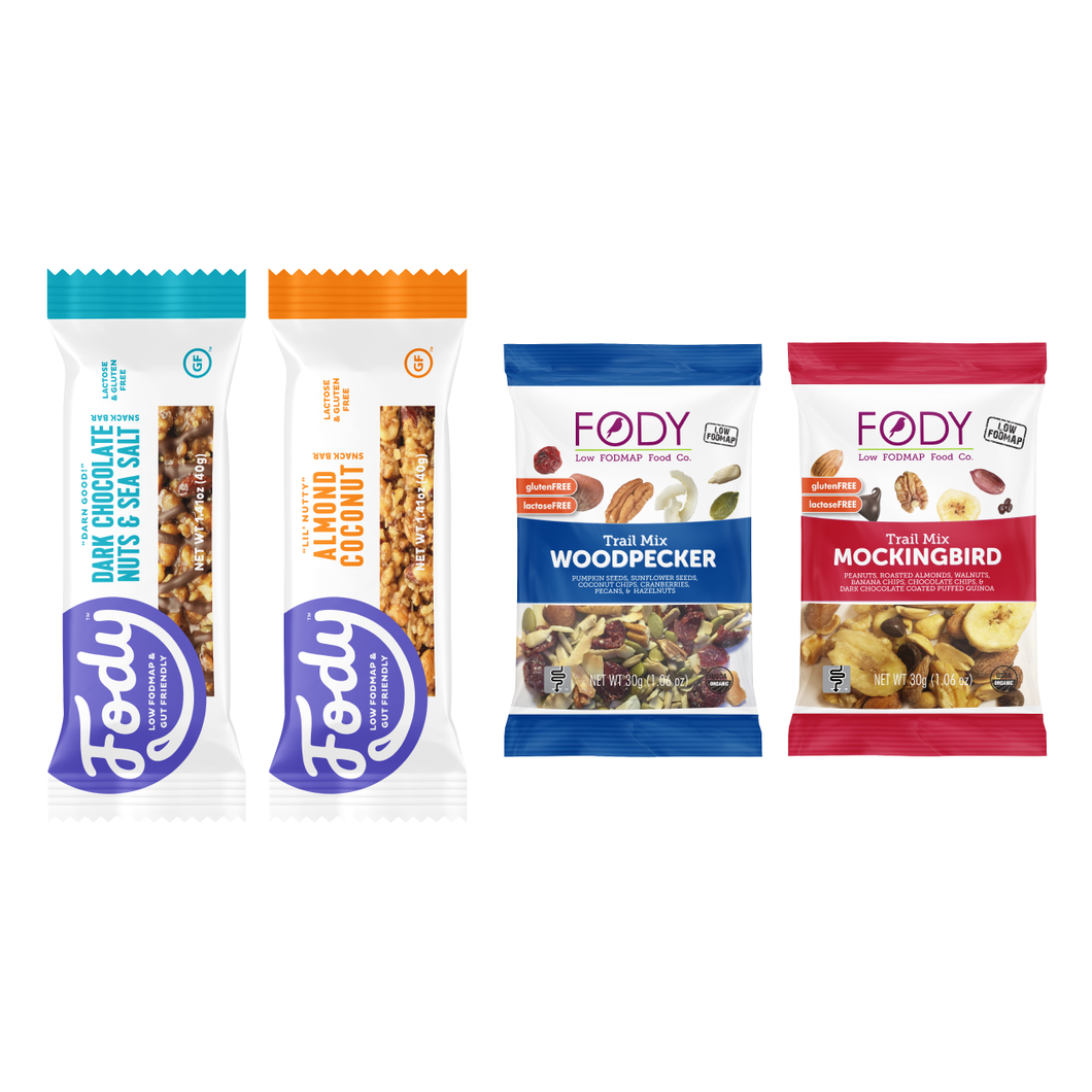 <b><big> Low FODMAP<br> Snack Pack </big></b><br><small> Low FODMAP Bars + Trail Mix Packs </small>